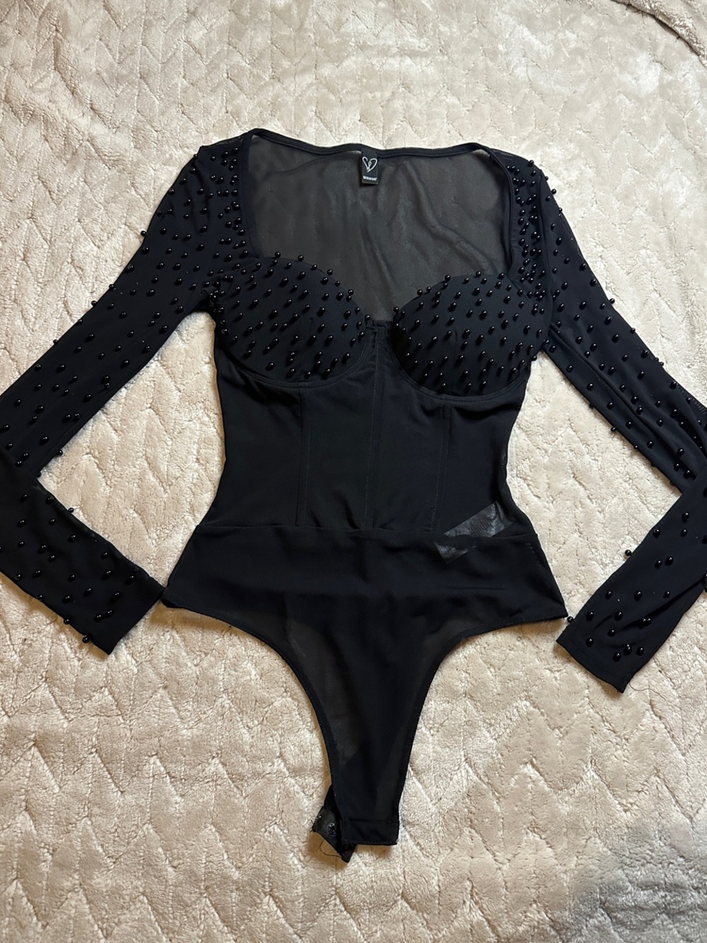 Windsor Black Long-Sleeve Beaded Mesh Bodysuit